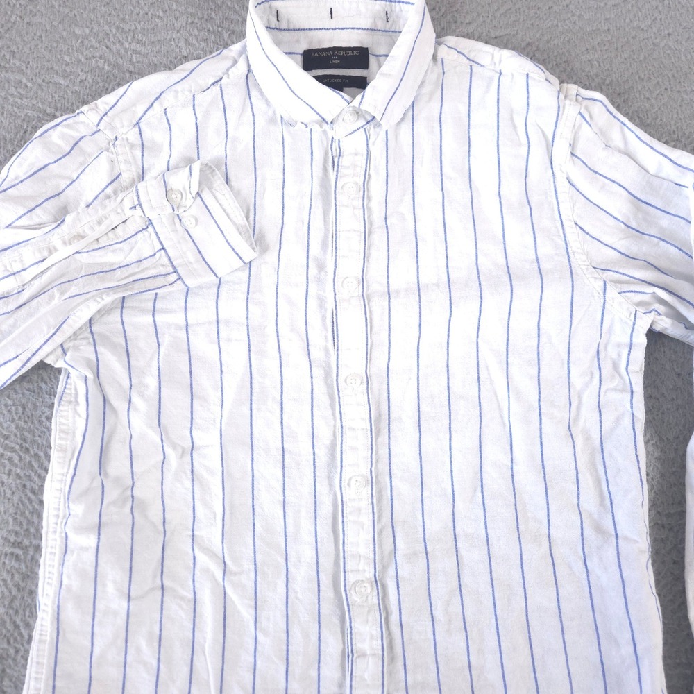 Banana Republic Shirt Mens Medium White Striped Slim Button Down Linen-Cotton